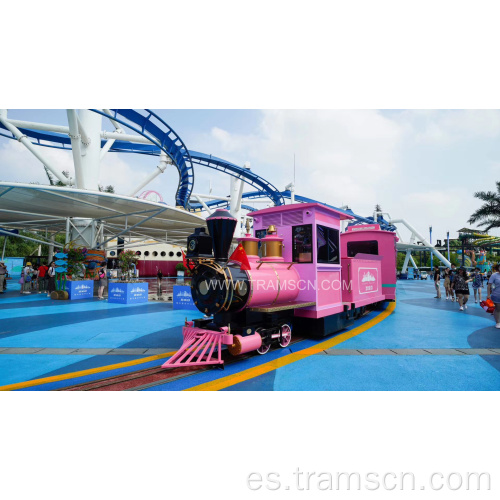 Tren de pista de parque de atracciones rosa